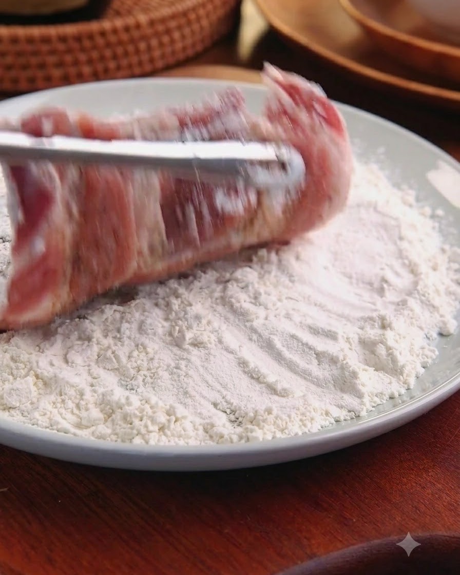 A raw pork cutlet coated in white flour being lifted from a plate filled with flour using tongs.