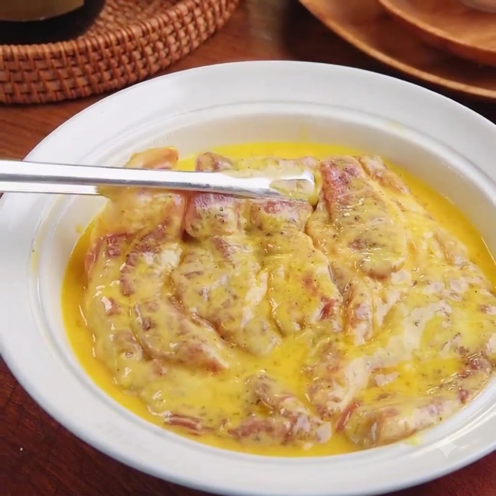 The floured pork cutlet being dipped into a shallow bowl of beaten yellow egg wash.
