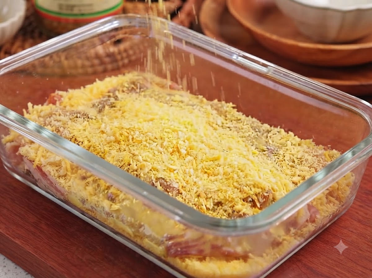 Panko breadcrumbs being sprinkled over the pork cutlet in a rectangular glass container.