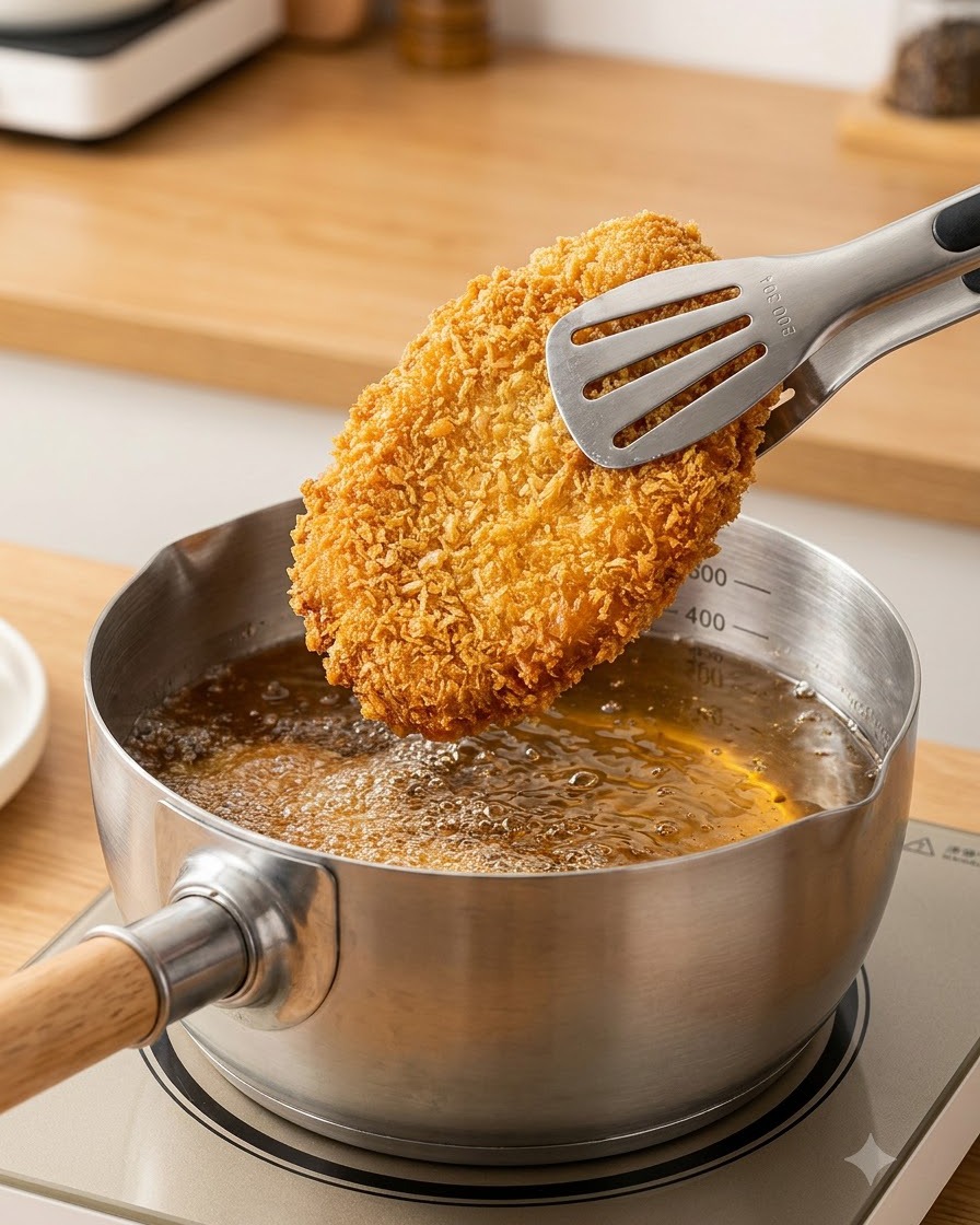 A breaded pork cutlet being lowered into a pot of hot frying oil with tongs.