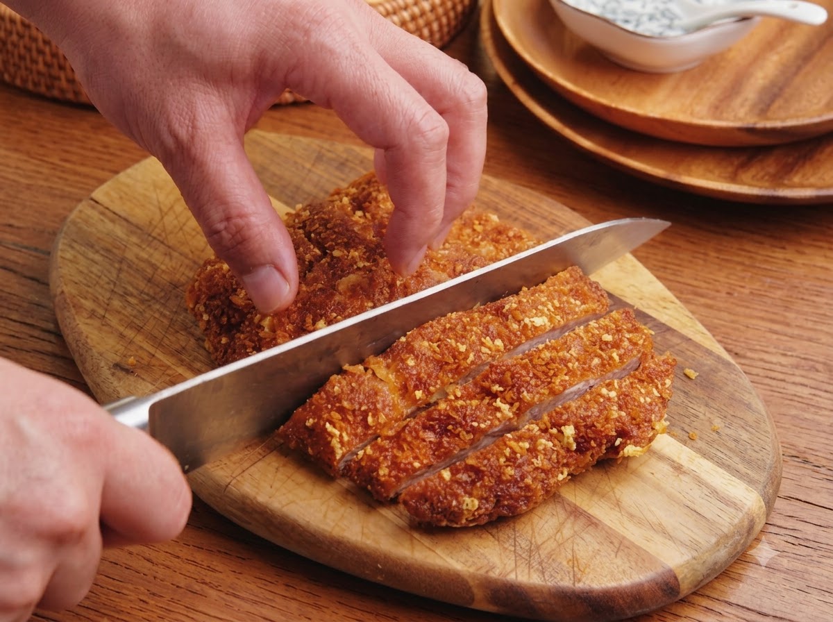 A chef slicing a golden fried pork cutlet into thick strips on a wooden cutting board.