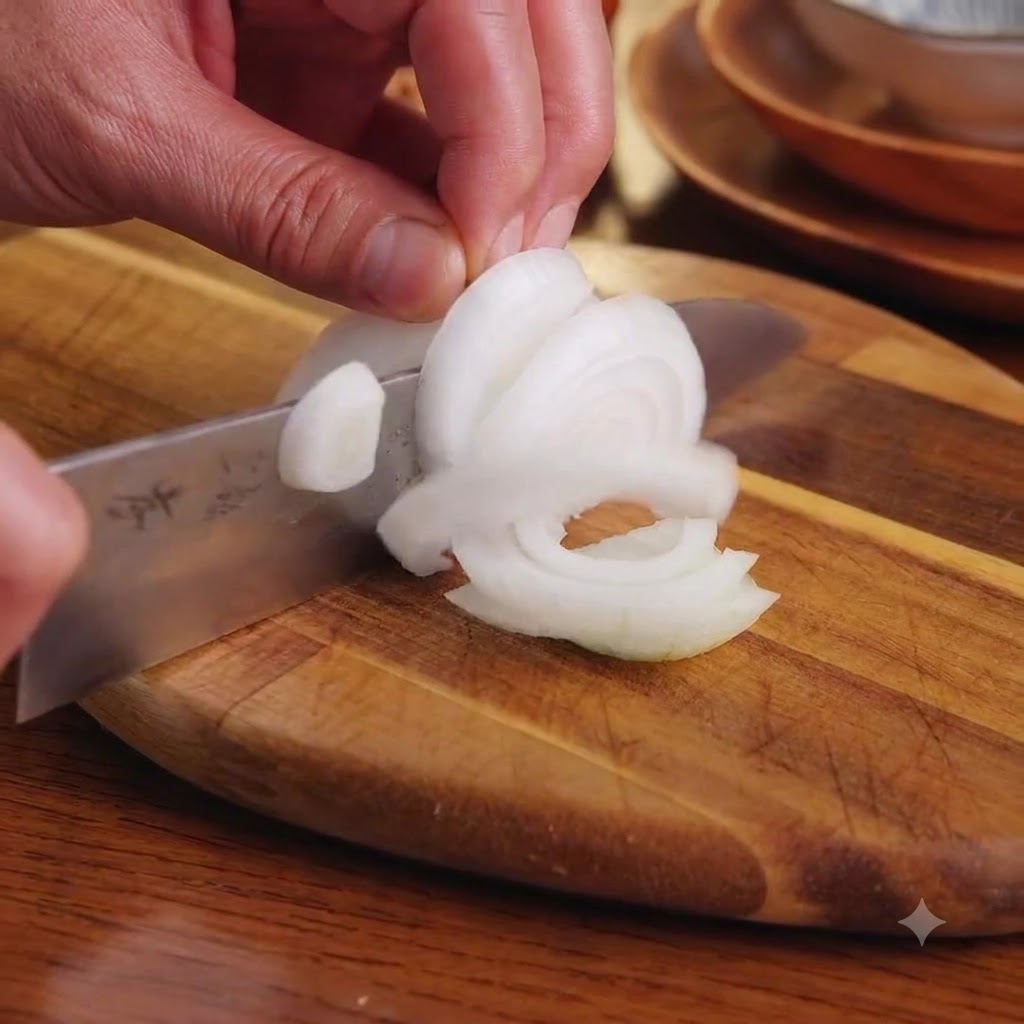 Thinly slicing half a white onion on a wooden cutting board with a knife.