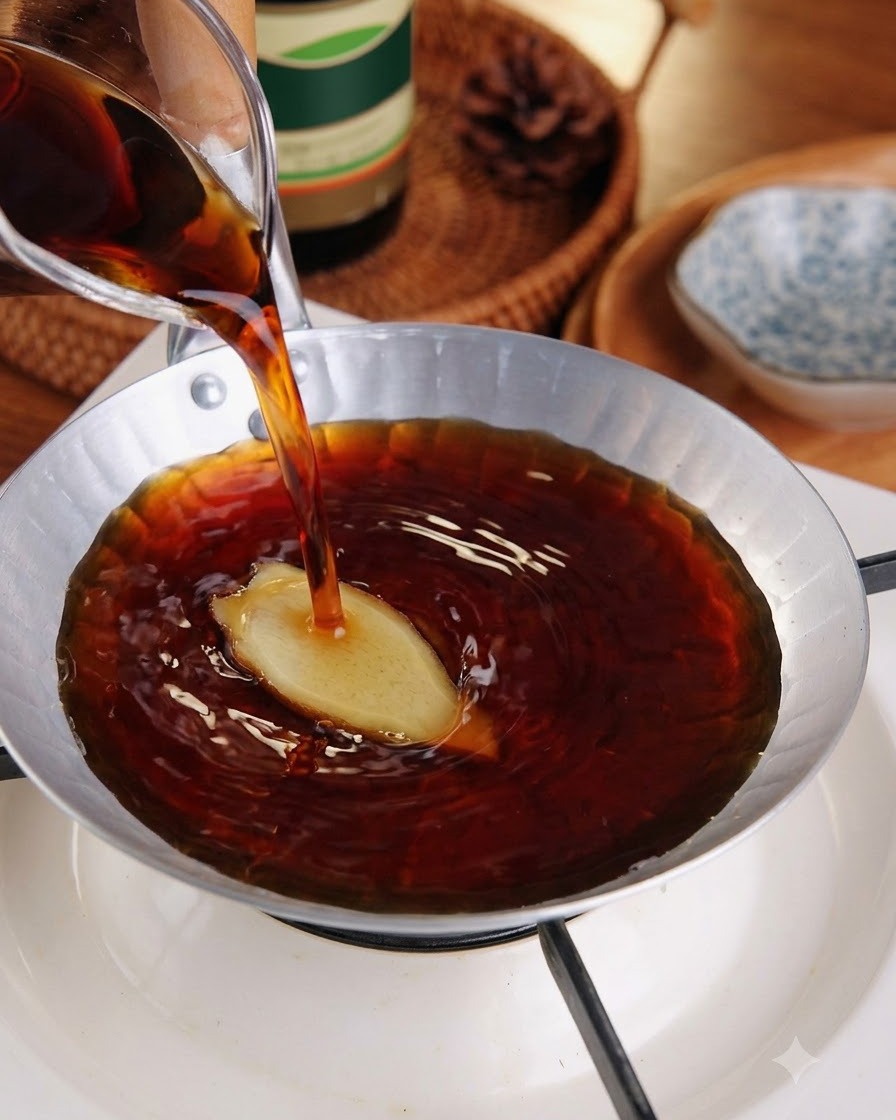 Pouring mixed dark broth into a small shallow metal skillet over stove heat.