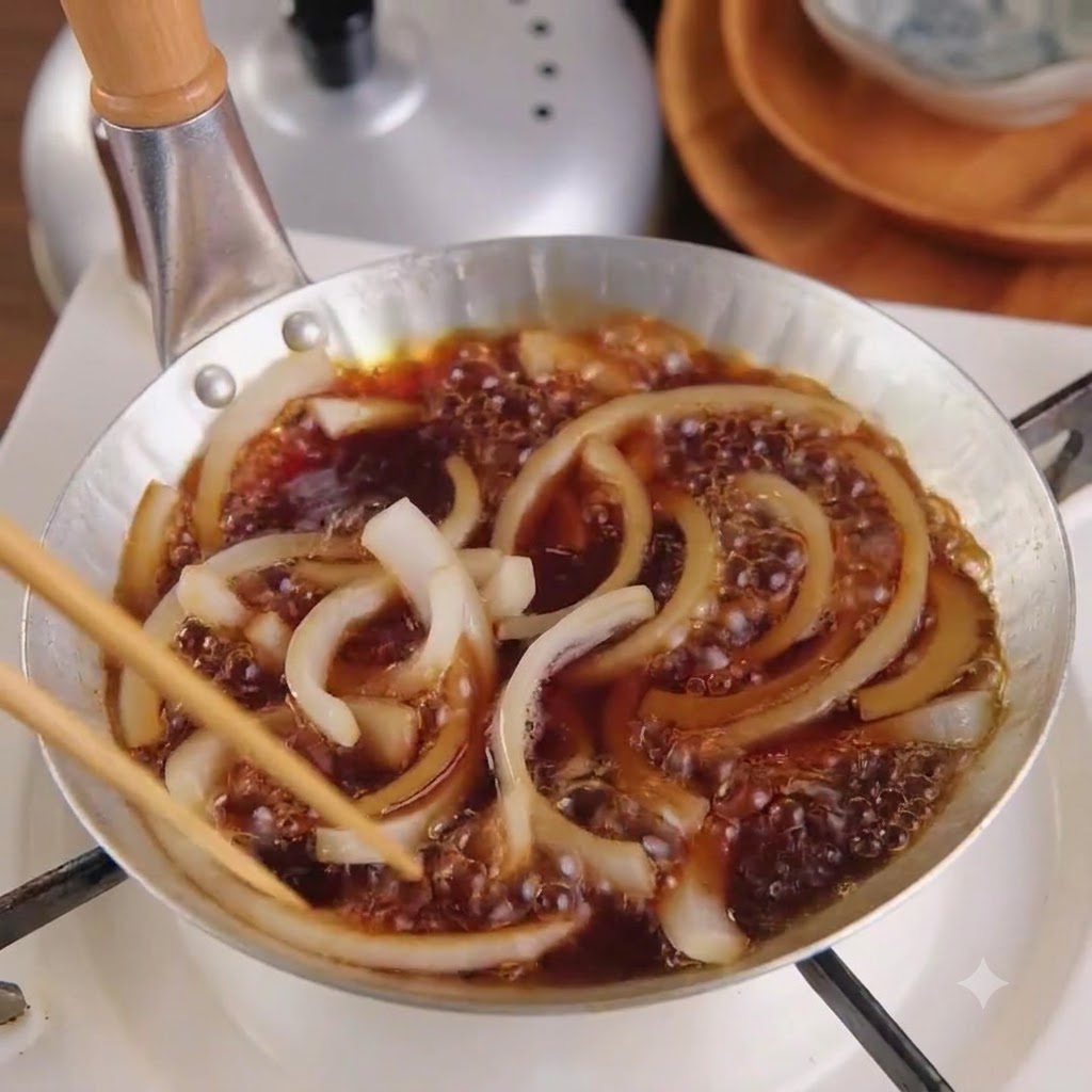 Sliced white onions being stirred with wooden chopsticks inside a small pan filled with simmering dark sauce.