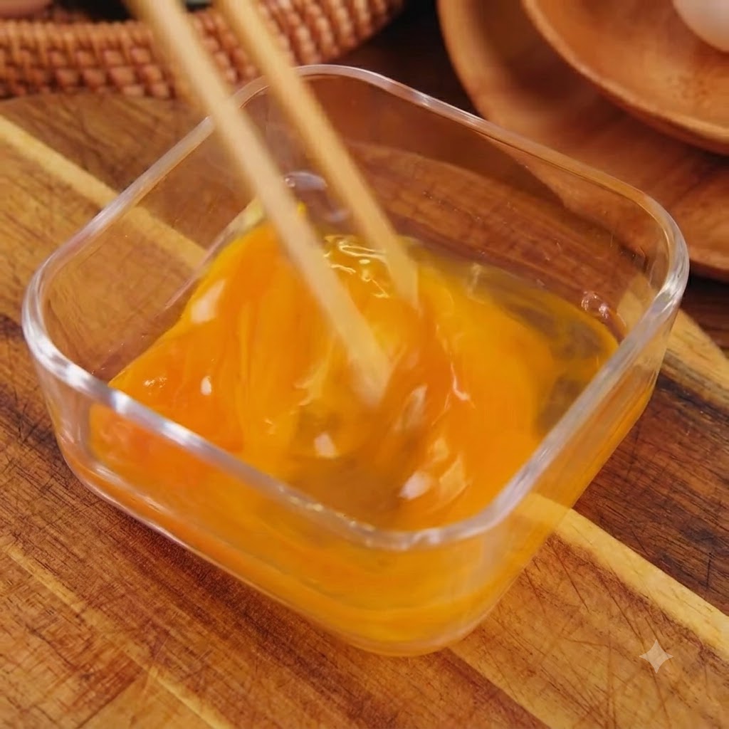 Two raw eggs being gently beaten with chopsticks inside a transparent square bowl.