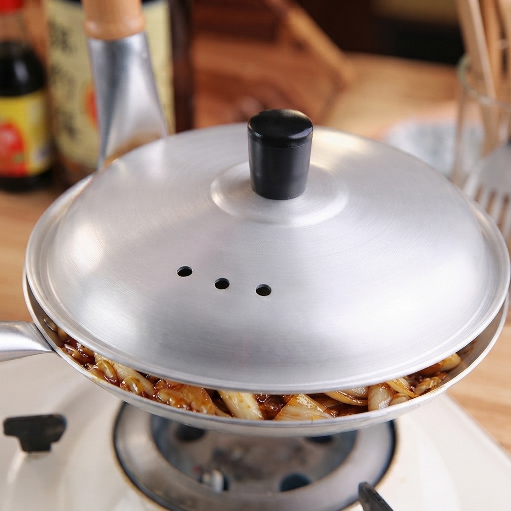 A metal lid being placed on top of a small cooking pan containing the simmering pork and egg dish.