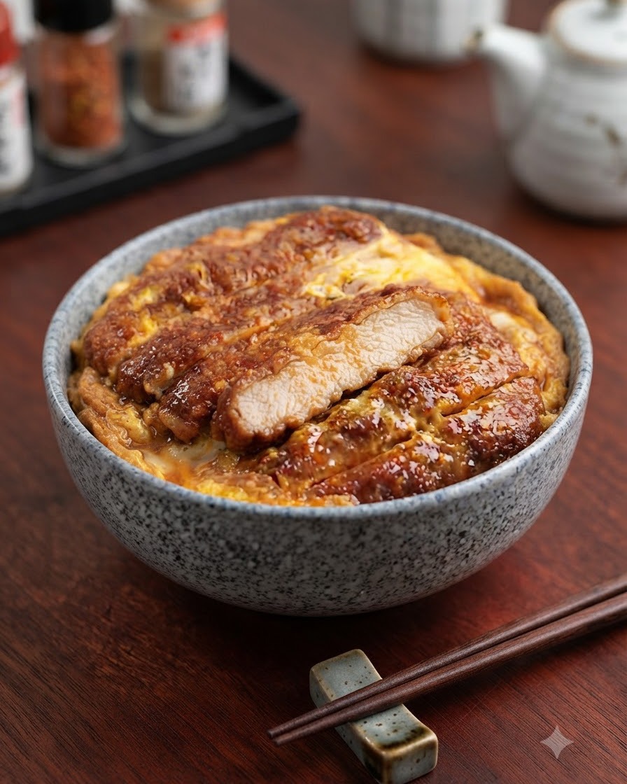 A finished Japanese pork cutlet rice bowl garnished with green onions, presented in a speckled ceramic bowl.