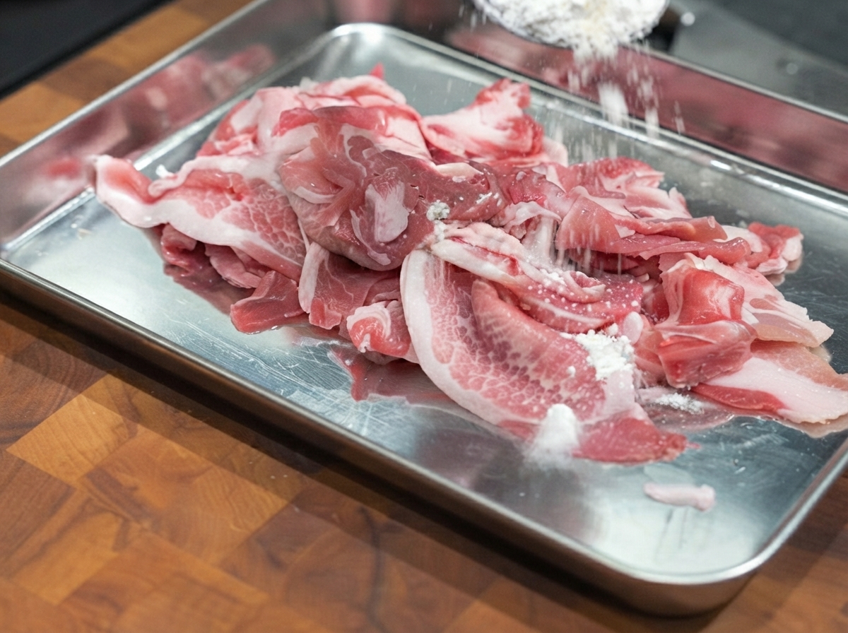 Thinly sliced pork on a metal tray being sprinkled with flour.