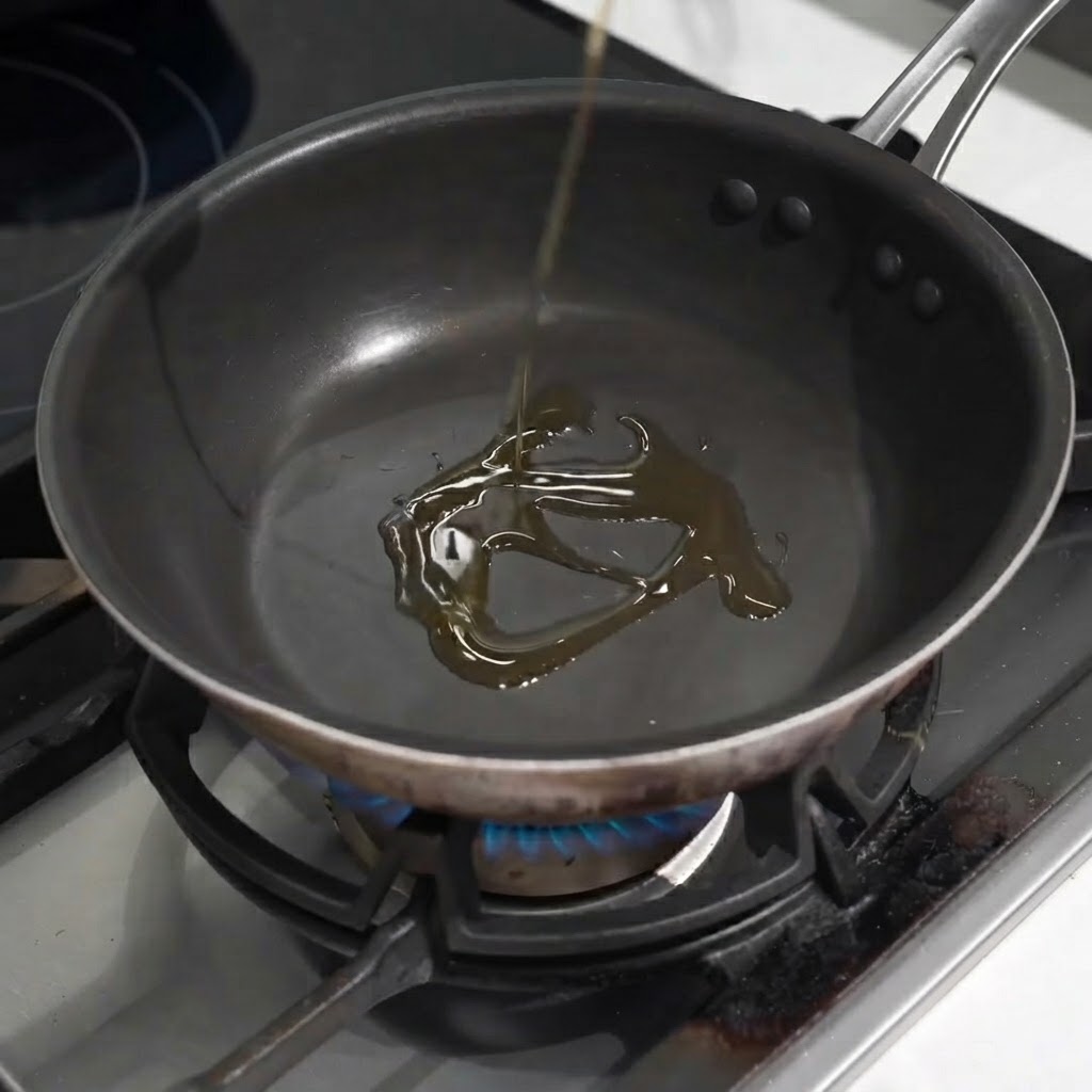 Garlic slices sizzling in a pan with sesame oil over a gas burner flame.