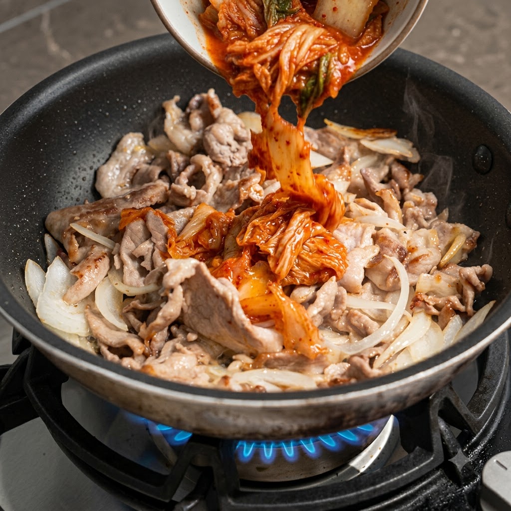 Red fermented kimchi and its juice being poured from a bowl into a pan of stir-frying pork and onions.