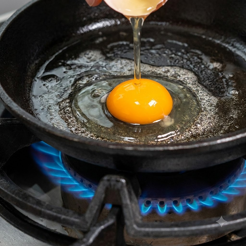 A raw egg cracking into a small cast iron pan with hot bubbling oil.