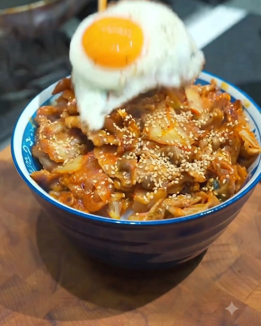 A freshly cooked fried egg being gently placed onto a savory kimchi pork rice bowl.