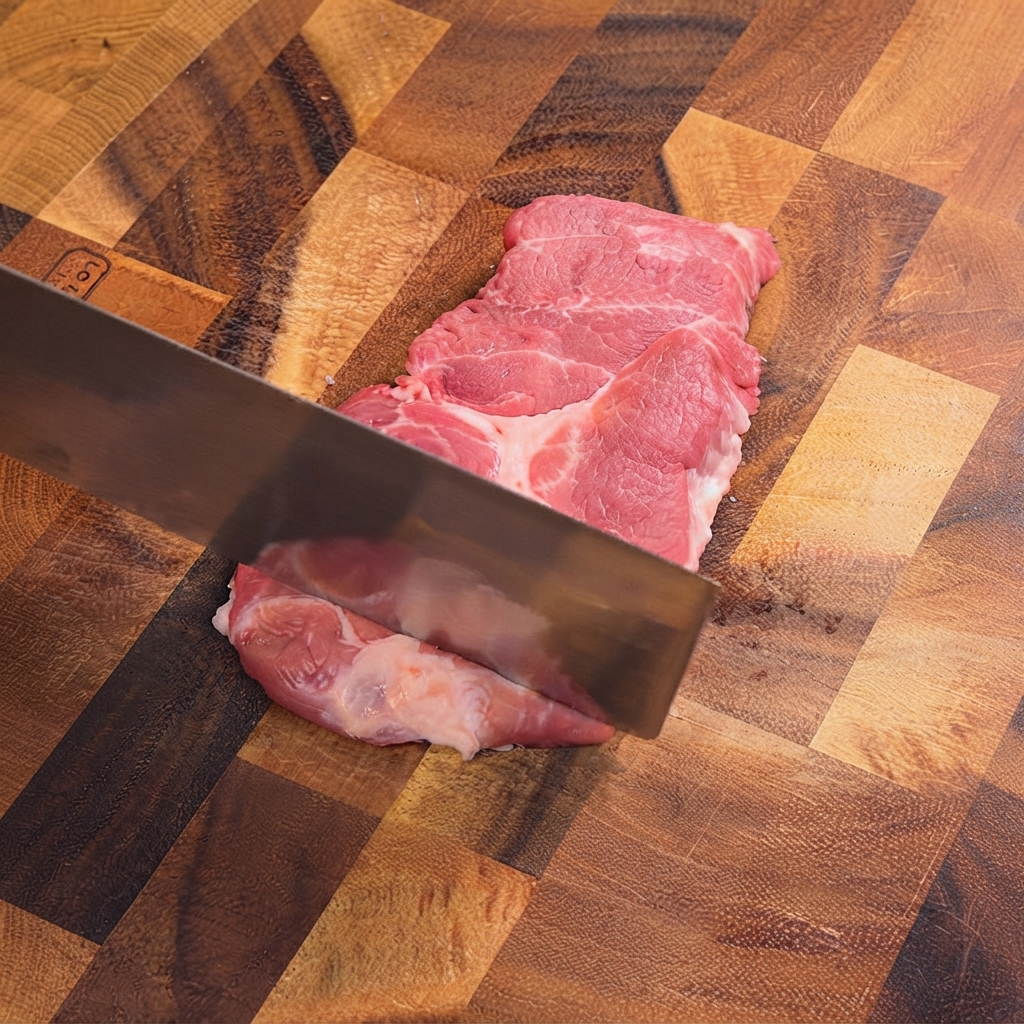 A kitchen knife striking raw pork chops on a wooden cutting board to tenderize them.