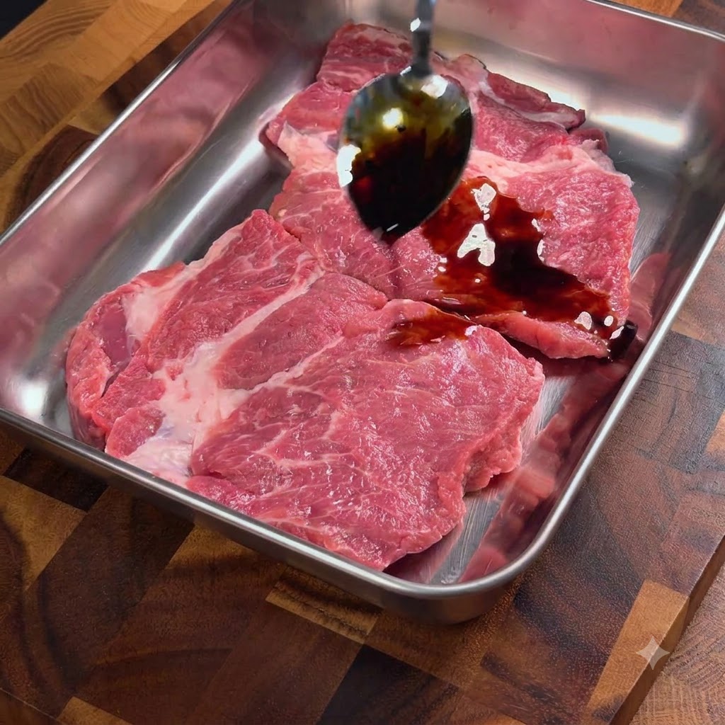 Soy sauce being poured from a spoon onto raw pork chops in a metal tray.