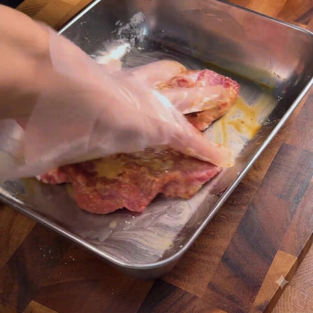 A gloved hand massaging and mixing marinade into pork chops inside a metal tray.