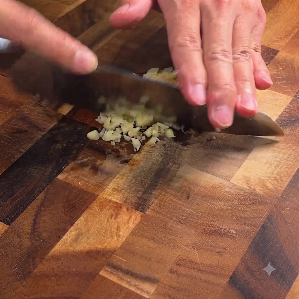 Garlic cloves being minced finely with a knife on a wooden cutting board.
