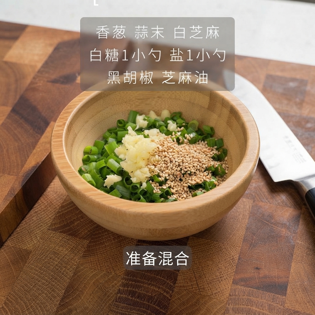 A small wooden bowl filled with chopped scallions, minced garlic, sesame seeds, and seasonings.