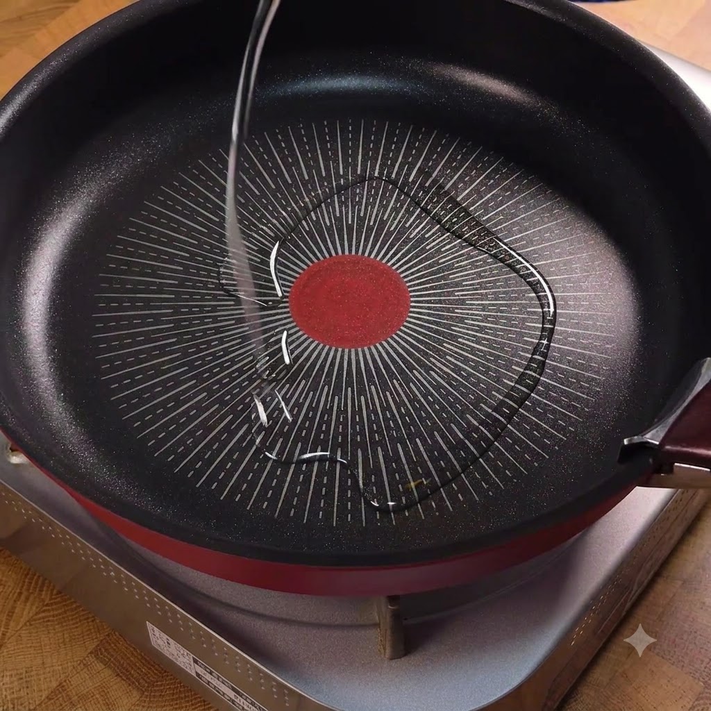 Cooking oil being poured into a hot non-stick pan over a stove.