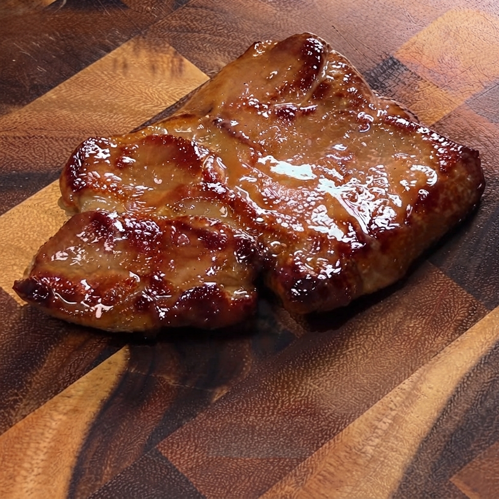 A cooked, caramelized pork chop resting on a wooden cutting board, ready to be sliced.