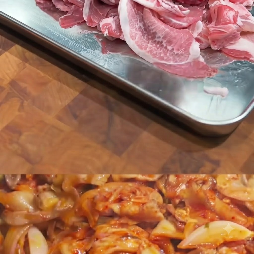 Thinly sliced pork pieces coated in flour in a tray.