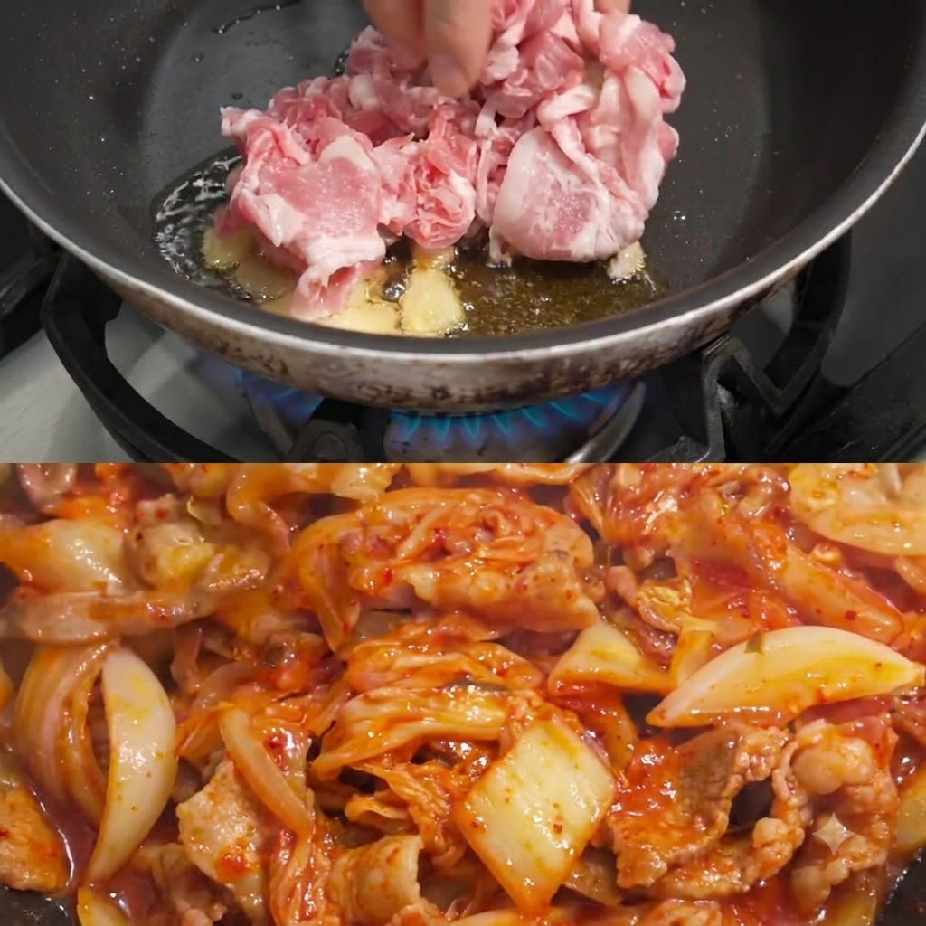 Pork pieces being stir-fried in a pan.