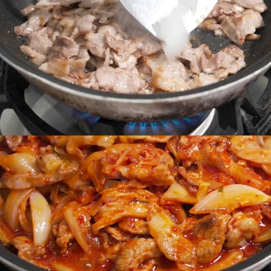 Onions being added to the pan with cooked pork.