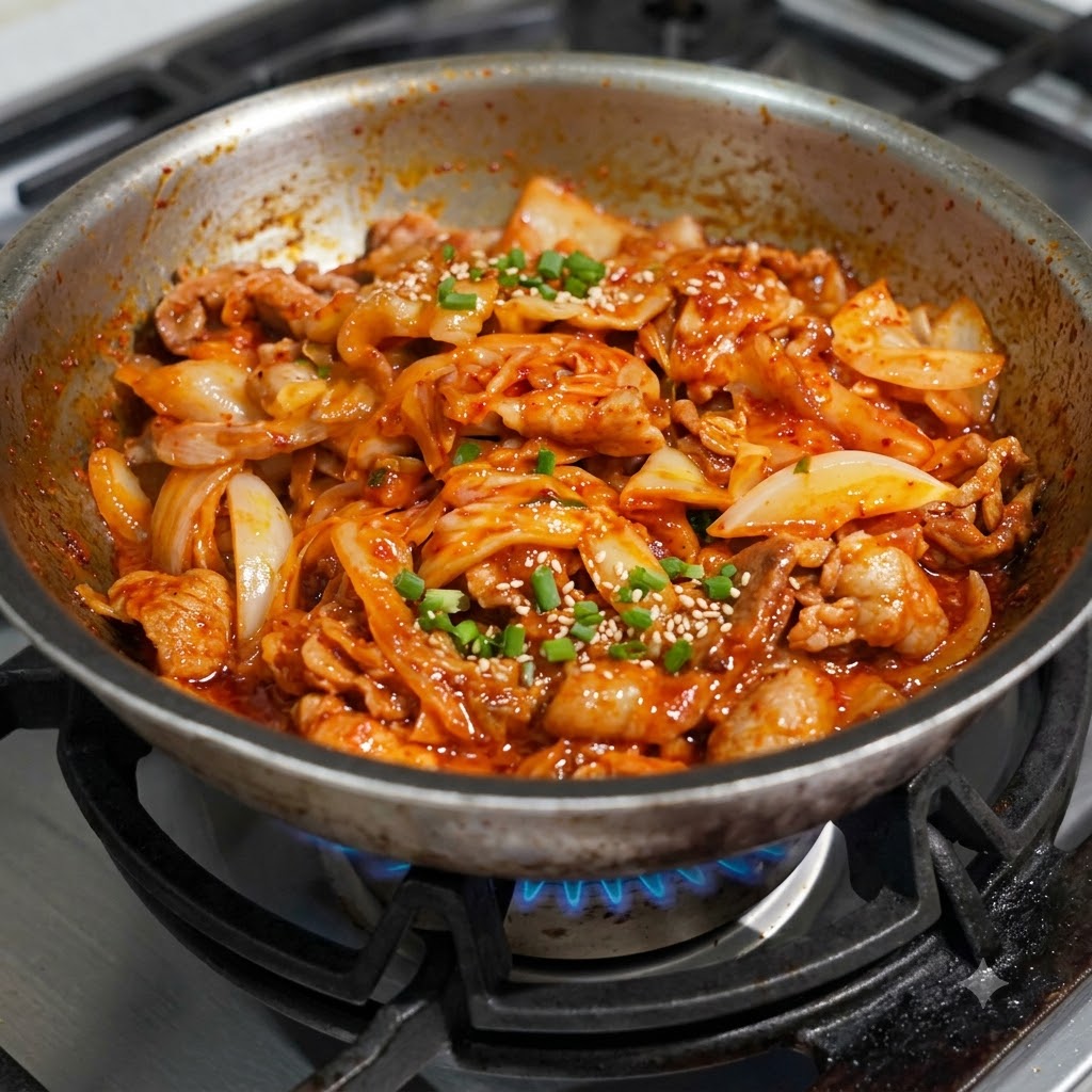 Chopped kimchi mixed with pork and onions in a frying pan.