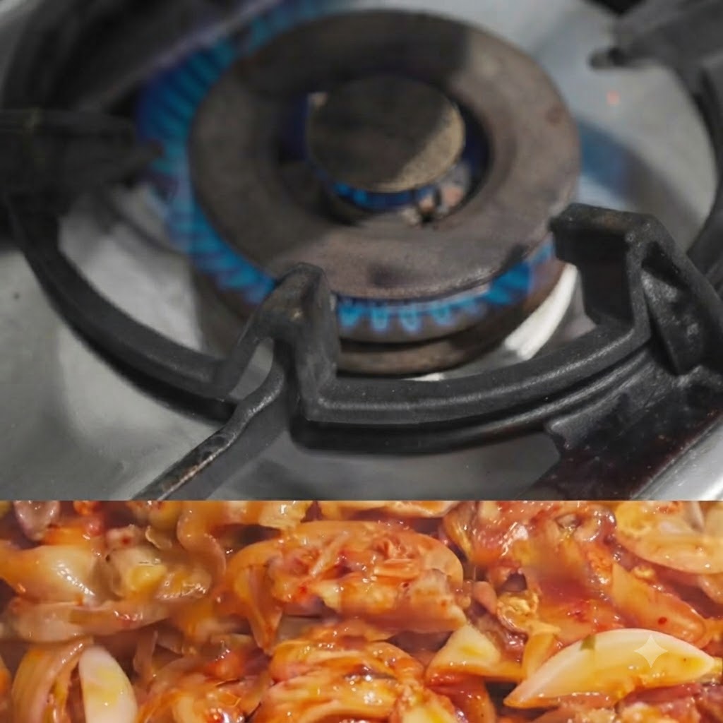 Kimchi juice being poured into a pan of stir-fried ingredients.