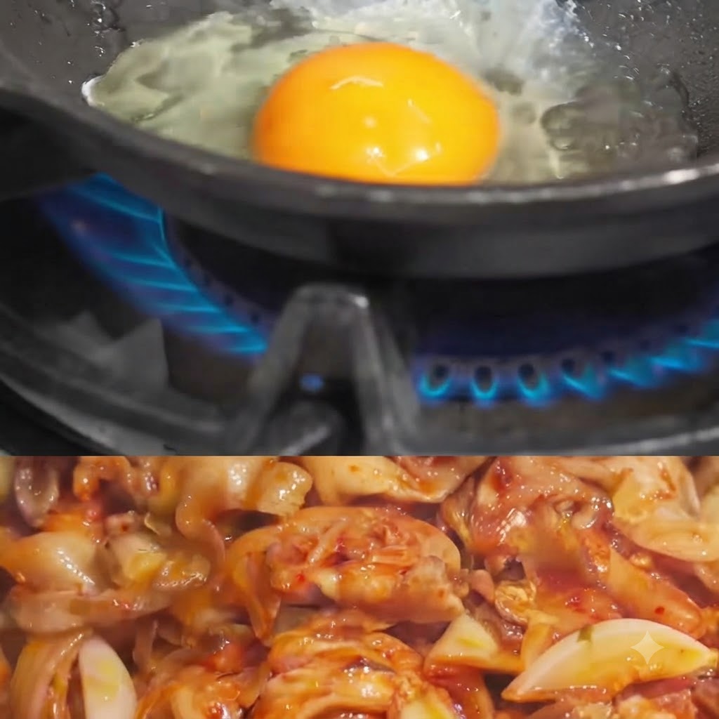 A close-up of a raw egg cracking into a hot skillet with bubbling oil on a blue gas flame.