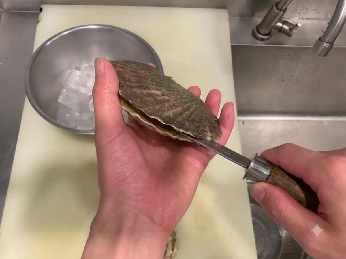 A hand using a knife to pry open a raw scallop shell over a cutting board and bowl of ice.