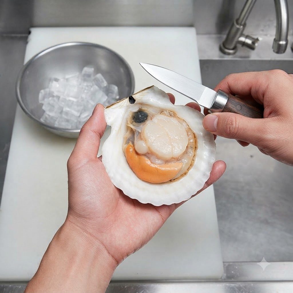 A knife separating the raw scallop meat from the open half-shell.