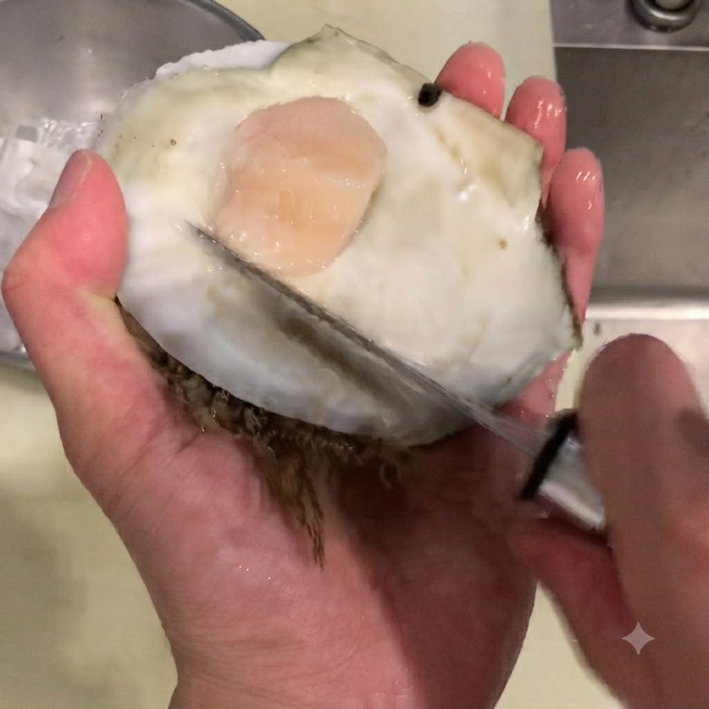 Fingers pulling away the visceral organs and mantle from the raw scallop.