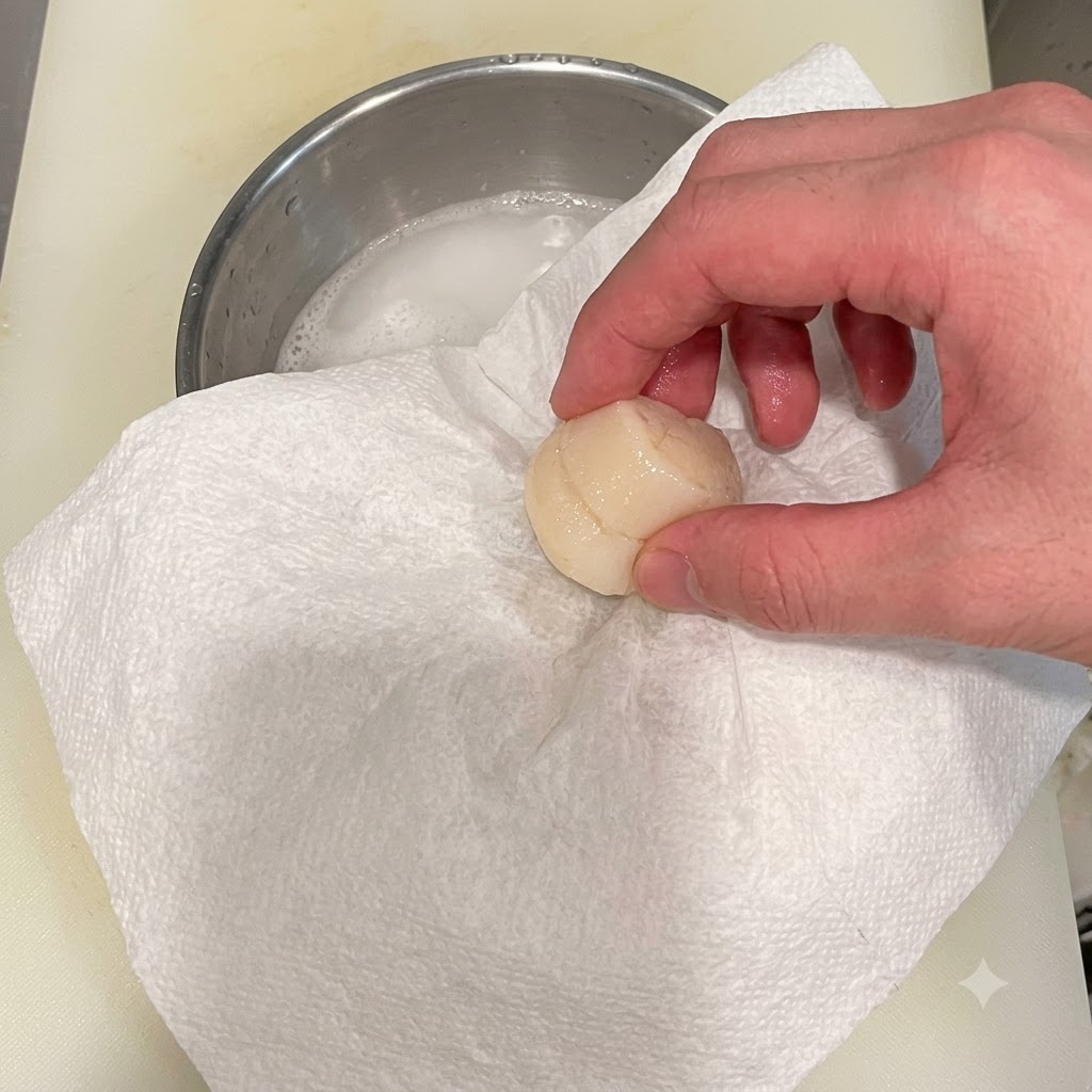 A raw scallop muscle being gently patted dry on a white paper towel.