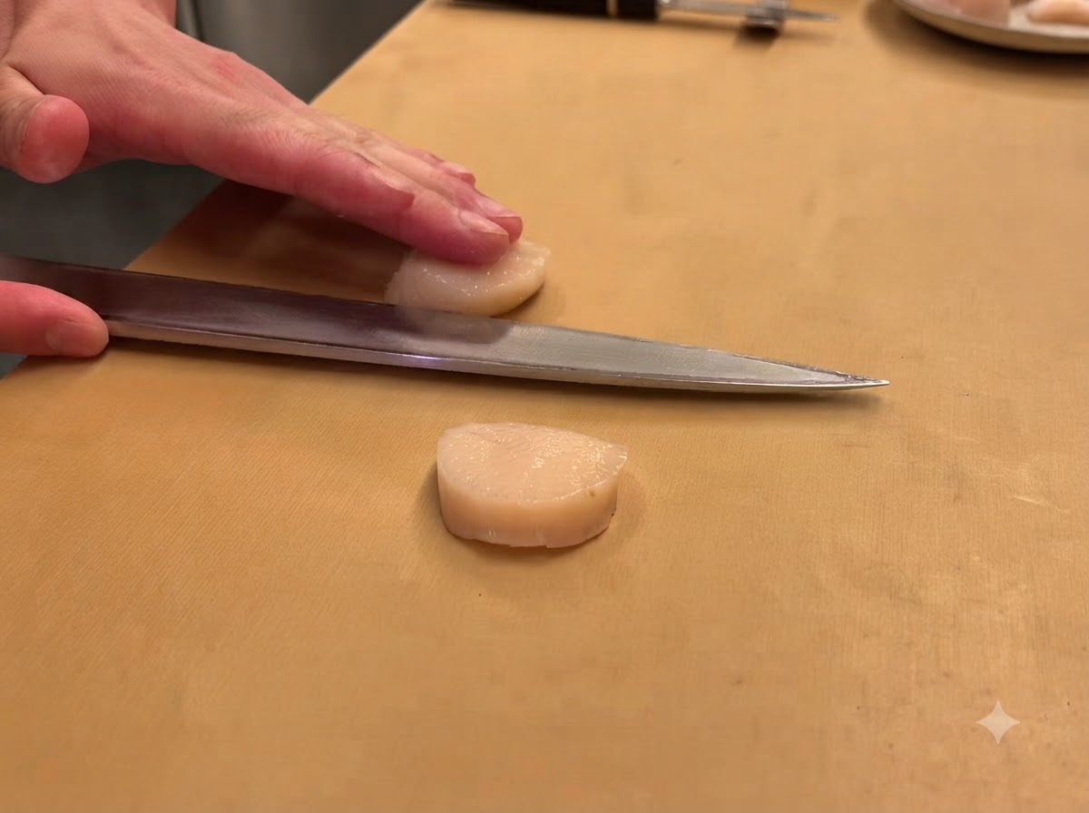 A sharp knife slicing a raw scallop muscle horizontally on a wooden cutting board.
