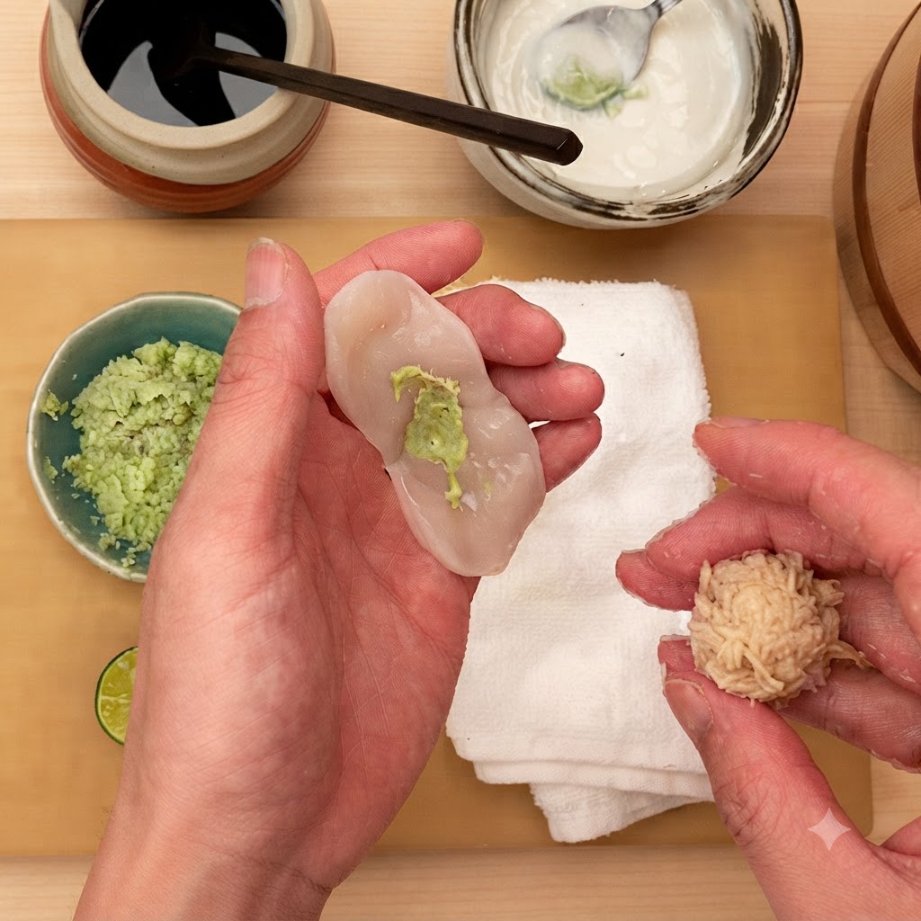Hands holding a scored raw scallop slice with wasabi in one palm and a prepared sushi rice ball in the other.