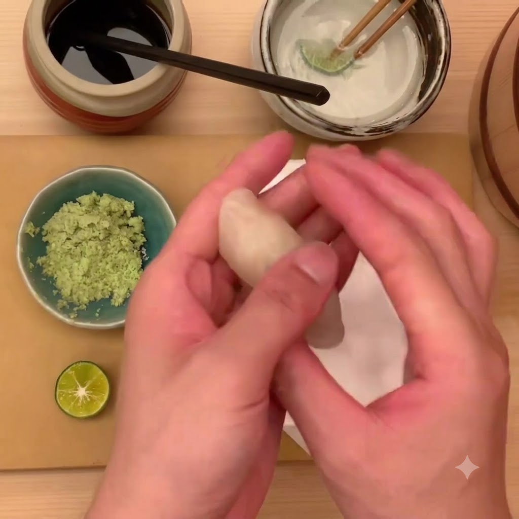 Hands molding and shaping a scallop sushi piece together on a white cloth surface.