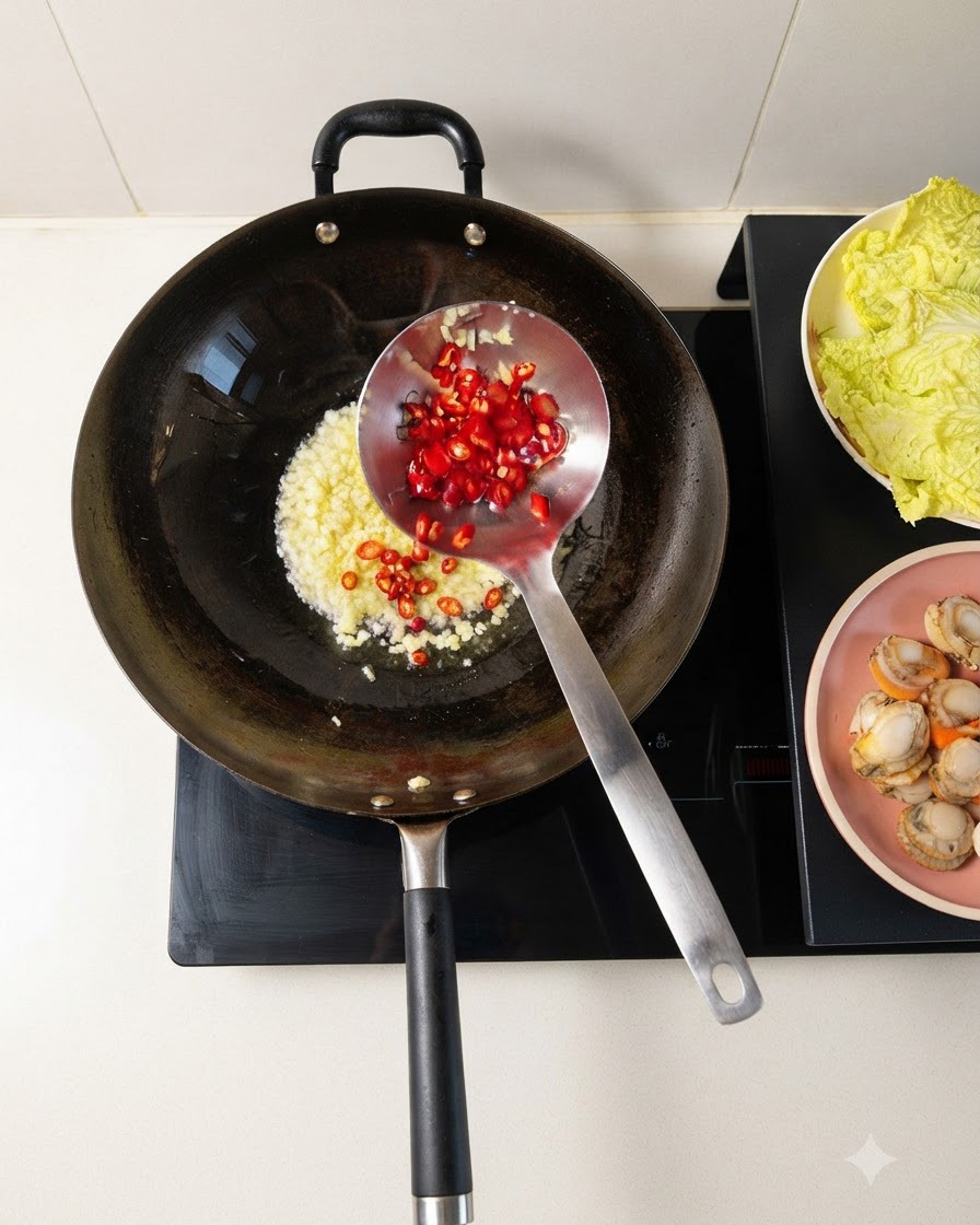 Chopped chili peppers and minced garlic frying together in a hot wok.