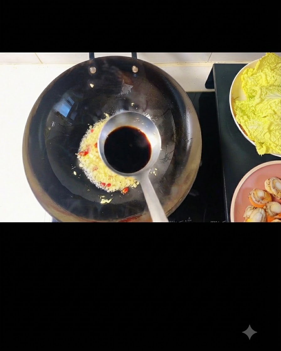 Soy sauce and oyster sauce being poured over the garlic and chili mixture in the wok.