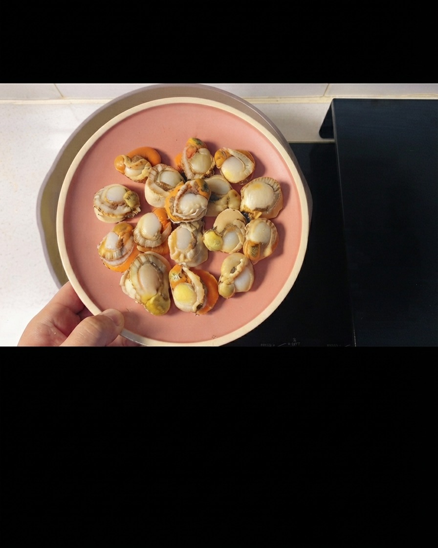 Plump scallop meat carefully arranged over a bed of translucent vermicelli noodles and napa cabbage in a pan.