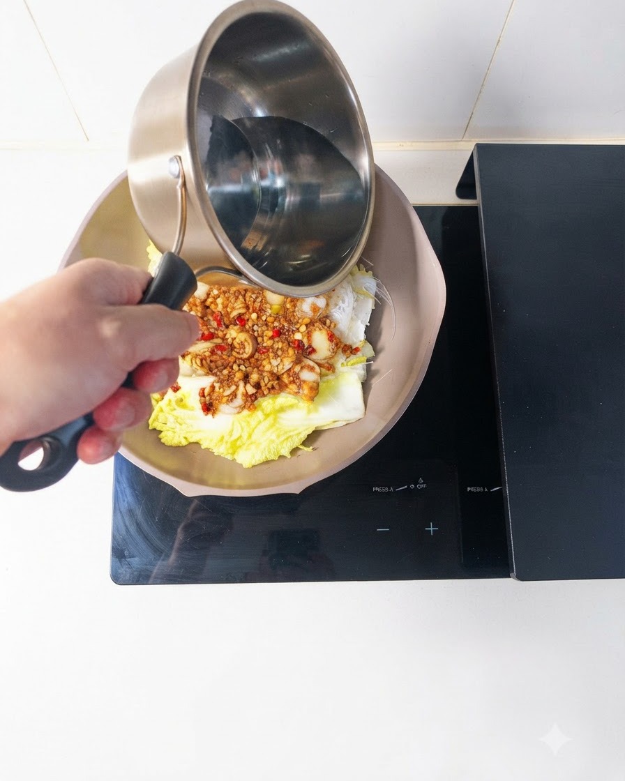 A splash of water being poured into the pan holding the scallops, noodles, and cabbage before covering.