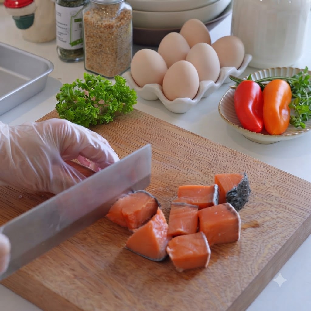 A gloved hand using a knife to dice thawed salmon into small pieces on a wooden cutting board.