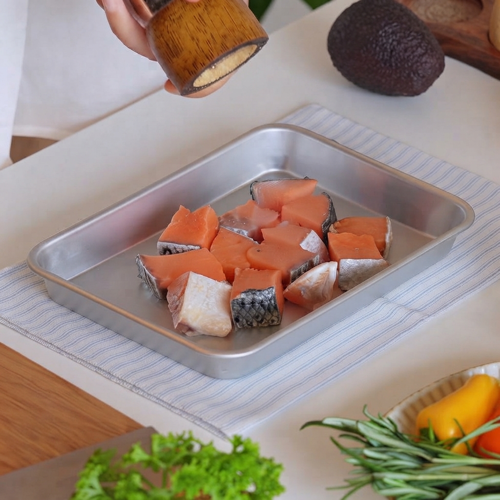 Salmon cubes arranged in a metal tray being seasoned with black pepper from a grinder.