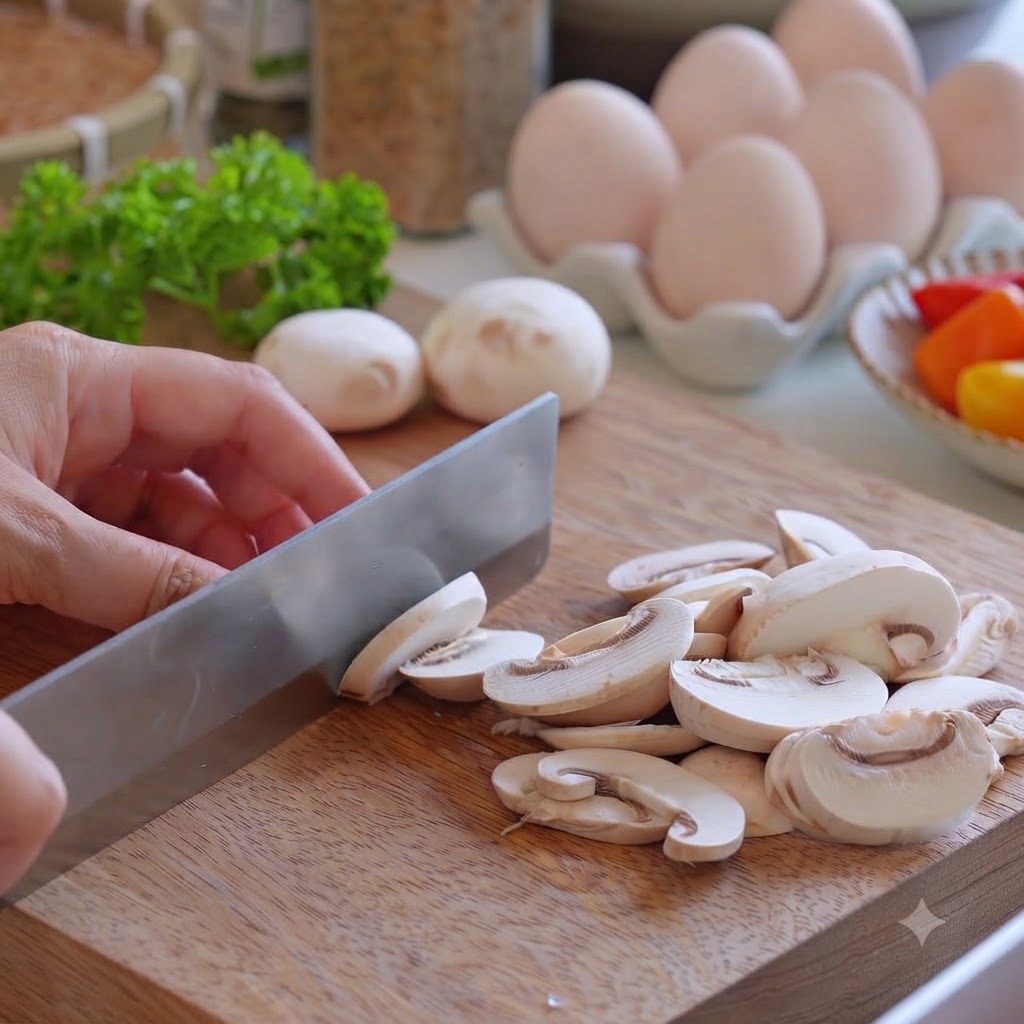 Button mushrooms being sliced with a knife on a wooden cutting board next to red onion.
