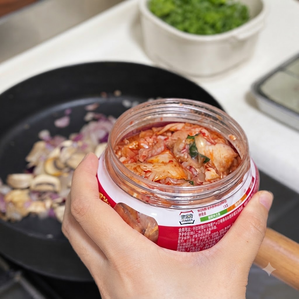 A hand holding a jar of kimchi above a pan containing sliced mushrooms and onions, with Korean hot sauce and soy sauce being introduced.