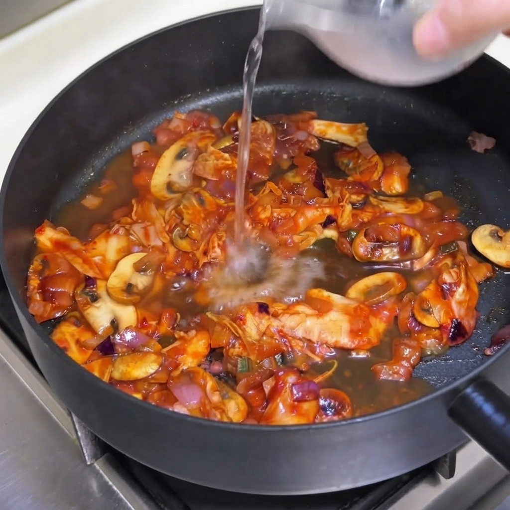 A splash of water being poured from a container into a pan containing a mixture of kimchi, mushrooms, and onions.