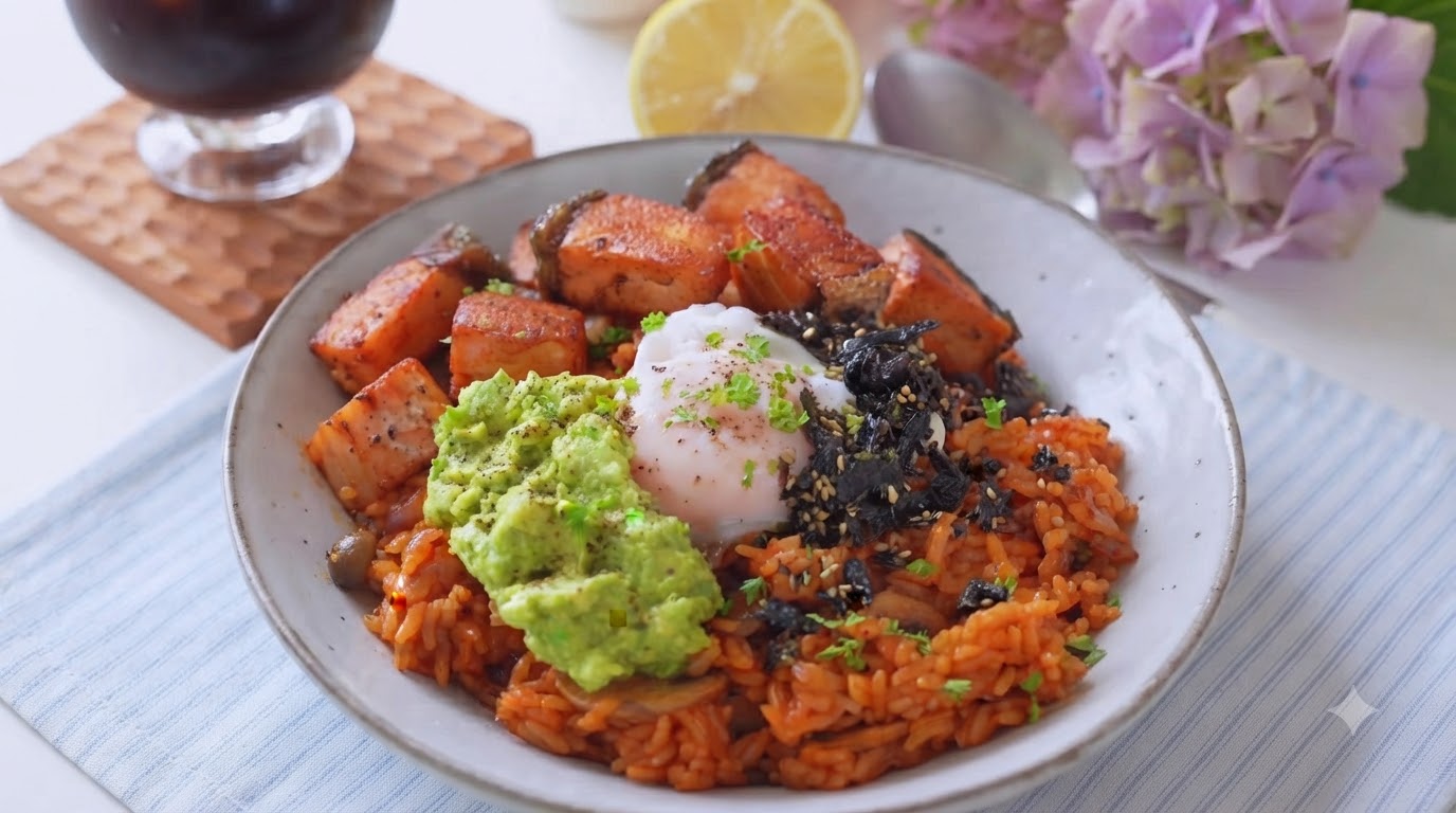 Salmon and Avocado Kimchi Fried Rice with Coconut Coffee