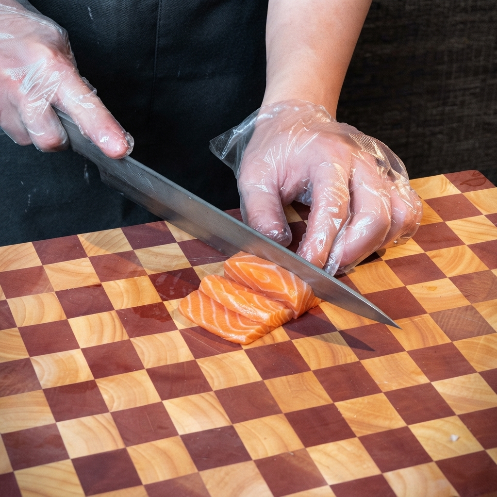 A sharp chefs knife slicing through a fresh salmon fillet on a wooden cutting board.