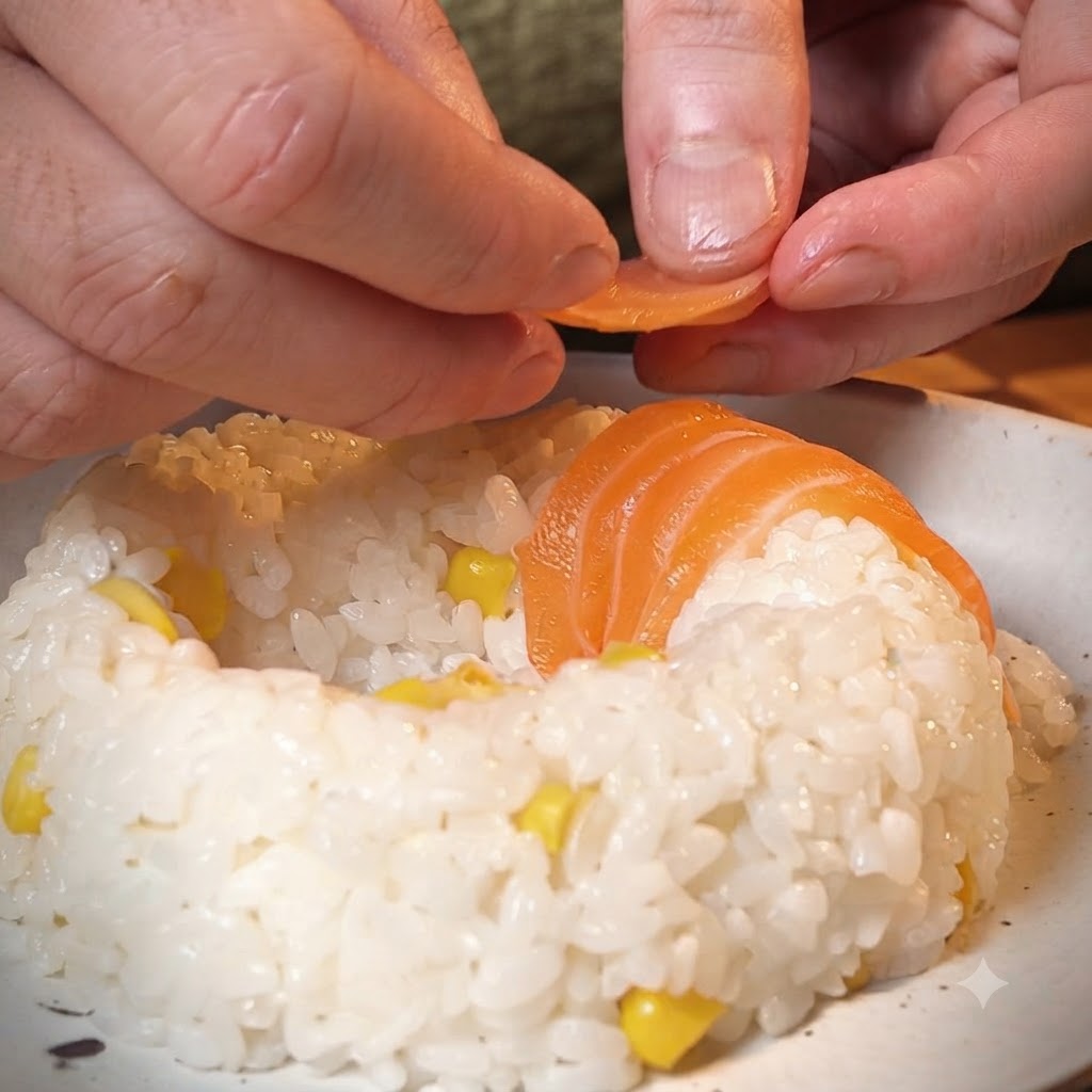 A pair of hands neatly arranging sliced salmon pieces in a circle over a ring-shaped mound of rice.