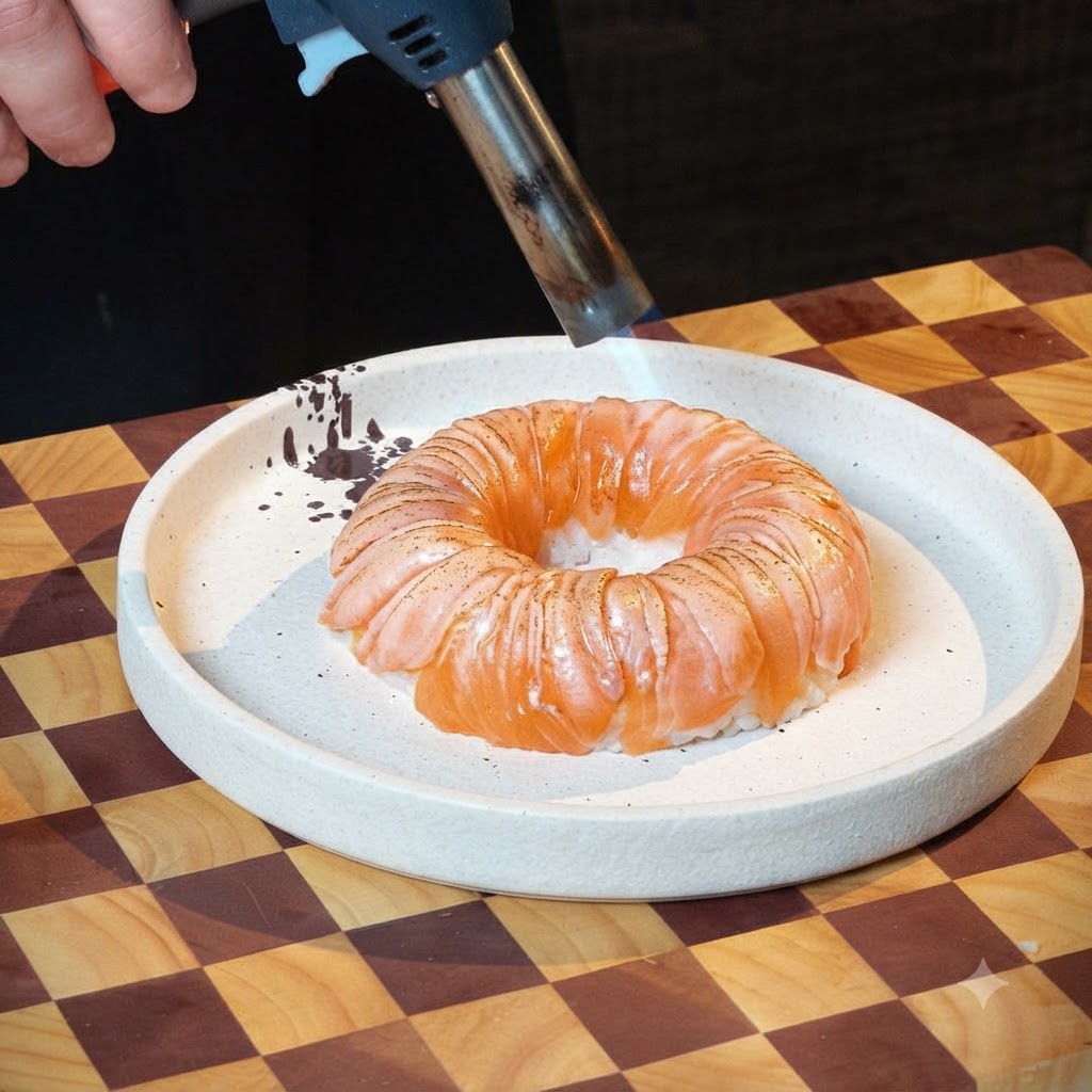 A kitchen blowtorch searing the surface of salmon slices arranged in a ring on a white plate.