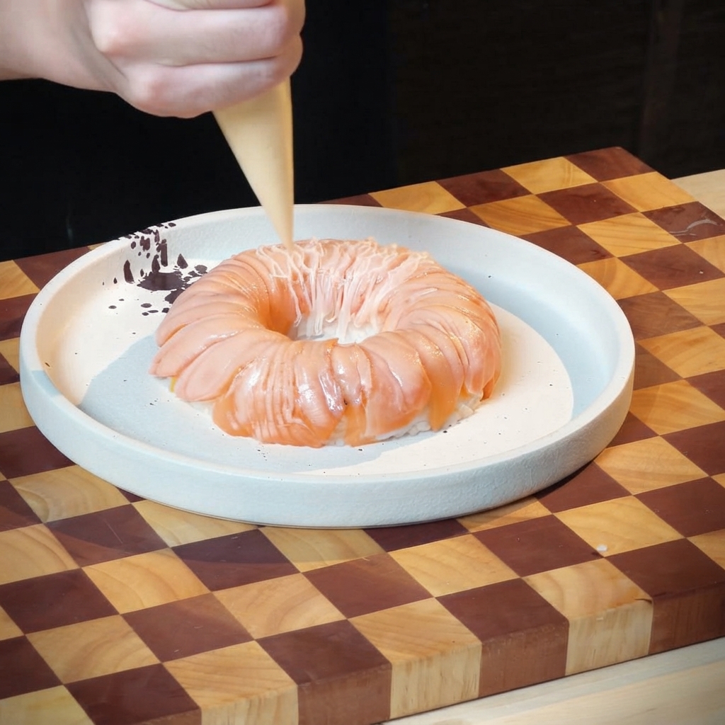 A piping bag squeezing sauce lines over a torched salmon rice ring on a ceramic plate.